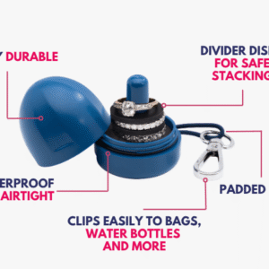 Ring Thing features diagram showing durable waterproof airtight case, divider disks for safe ring stacking, padded base, and clip for bags and water bottles